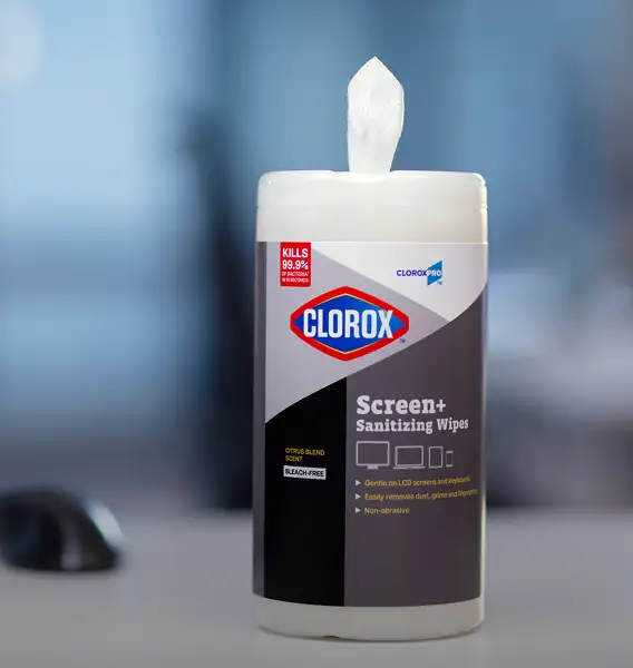 Container of Screen Wipes with a wipe sticking out the top